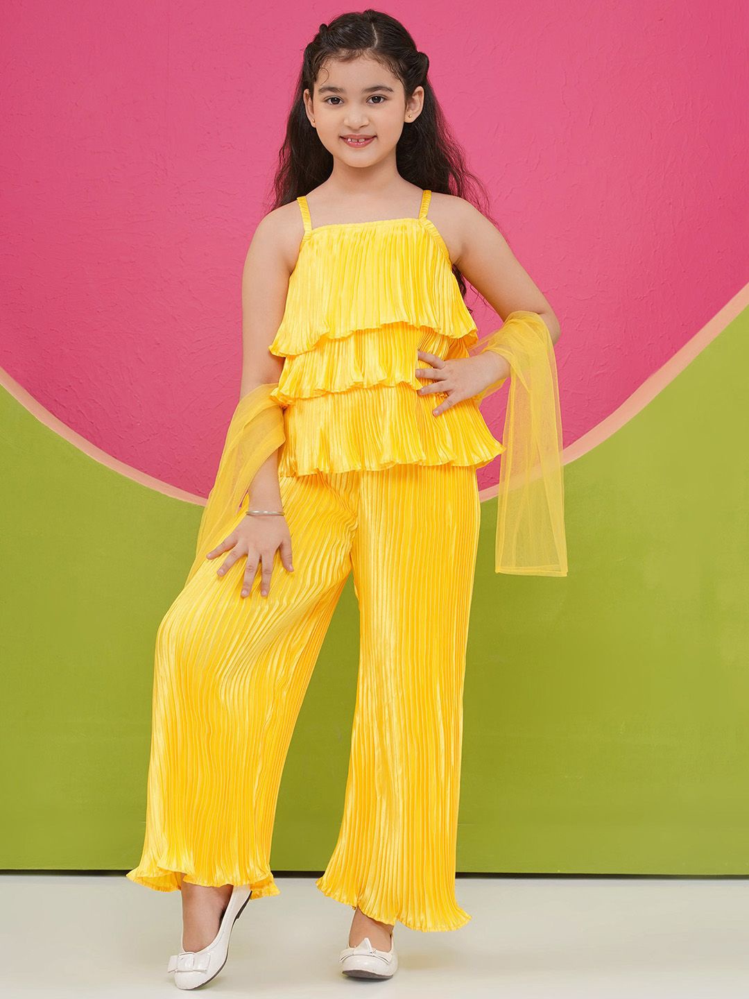 

Aj DEZInES Girls Shoulder Straps Layered Top with Palazzos & Dupatta, Yellow