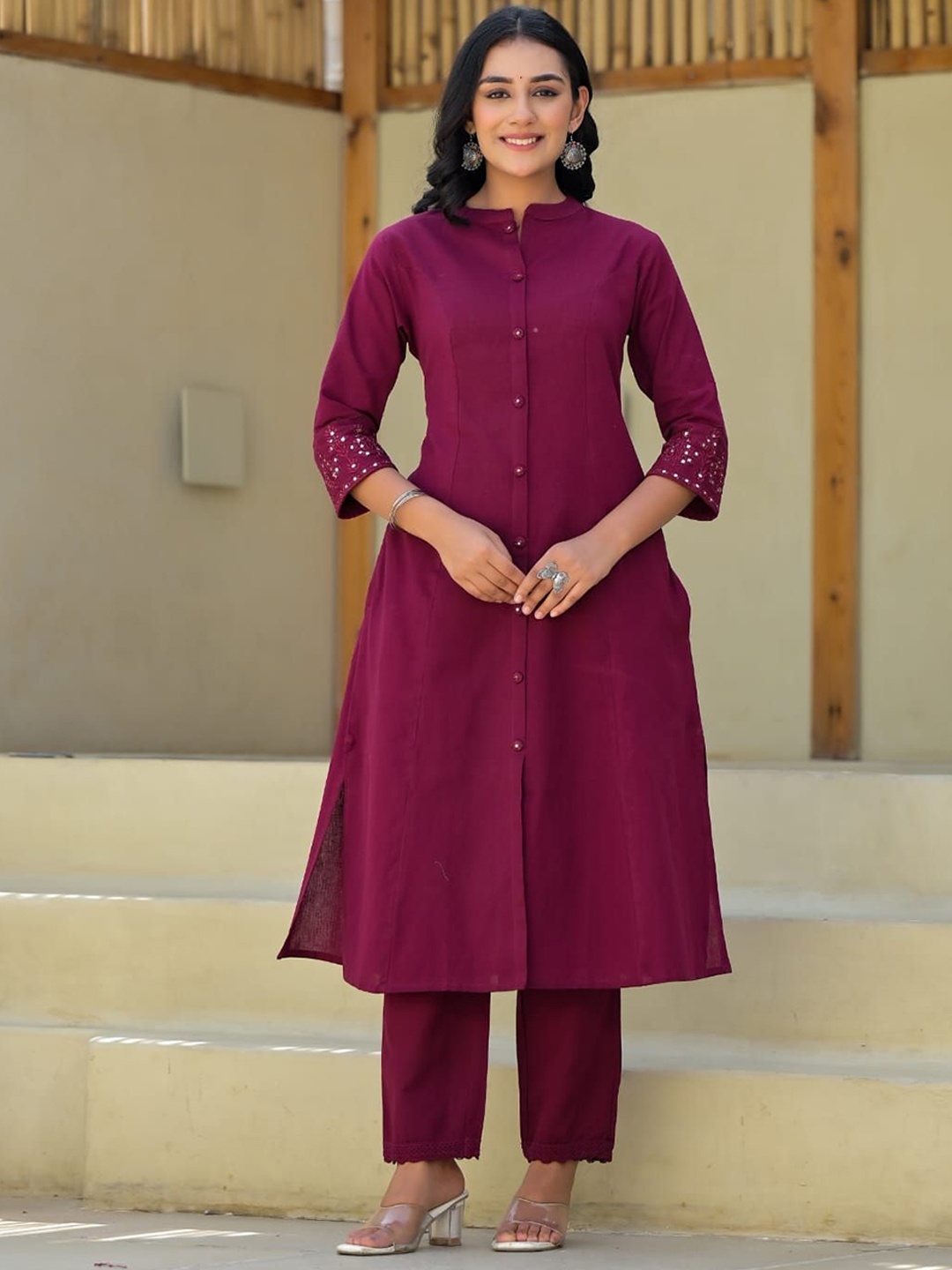 

INDYES Women Panelled Mirror Work Pure Cotton Kurta with Trousers, Magenta