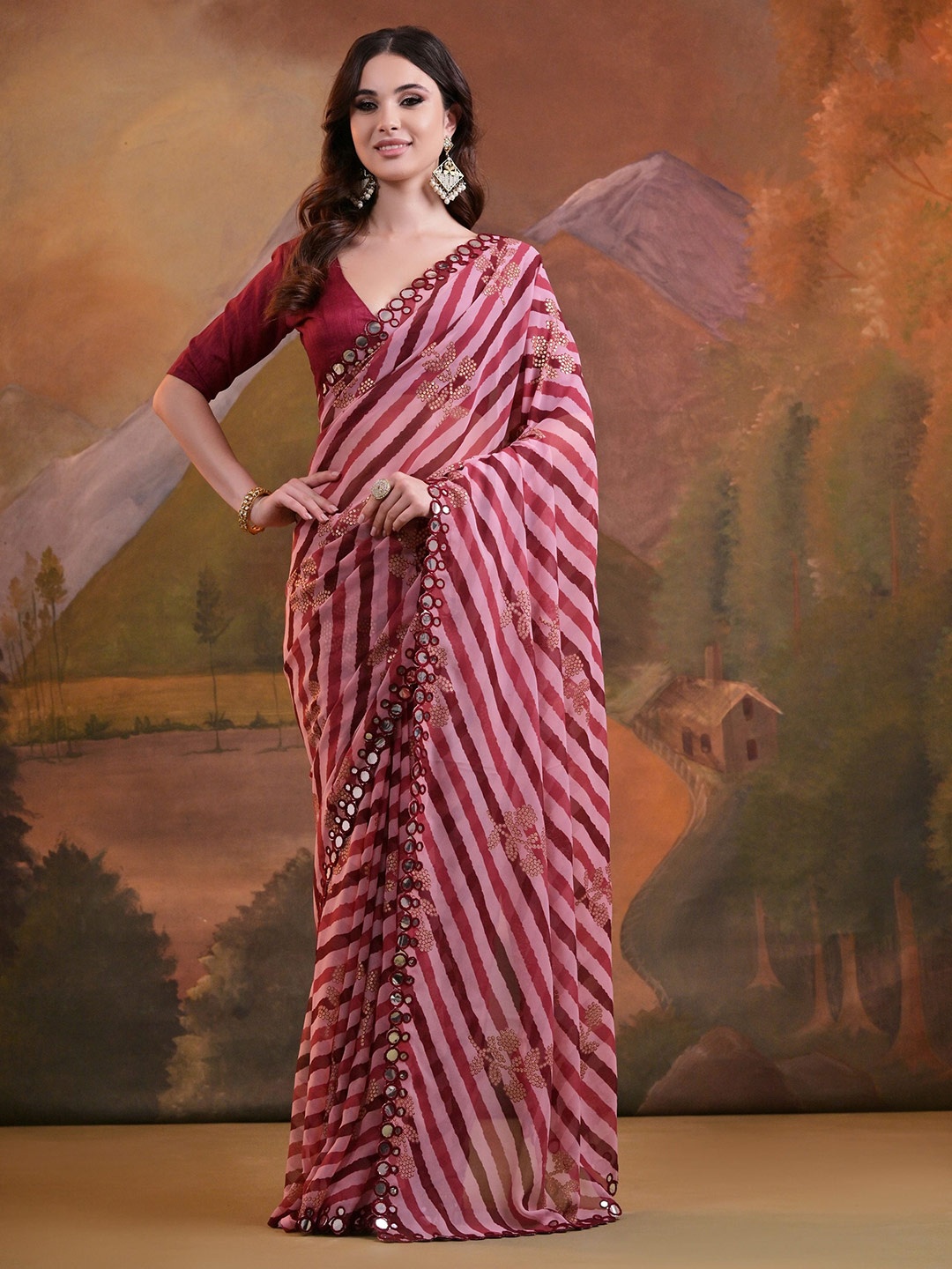 

Globon Impex Leheriya Mirror Work Pure Georgette Saree, Maroon