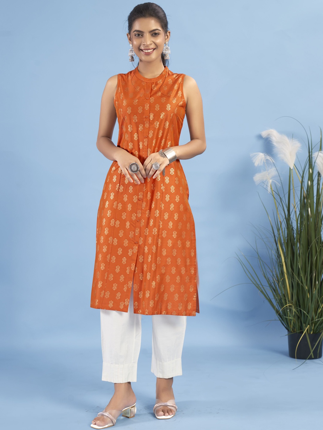 

IWUMAN Ethnic Motifs Printed Mandarin Collar Sleeveless A-Line Kurta, Orange