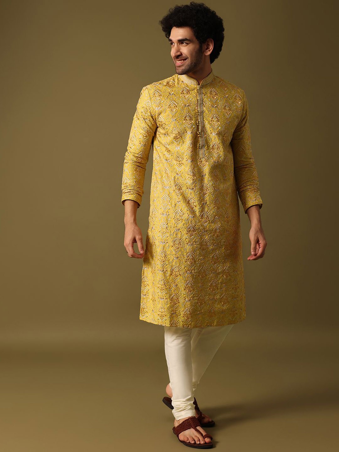 

KALKI Fashion Men Embroidered Regular Thread Work Kurta with Churidar, Yellow