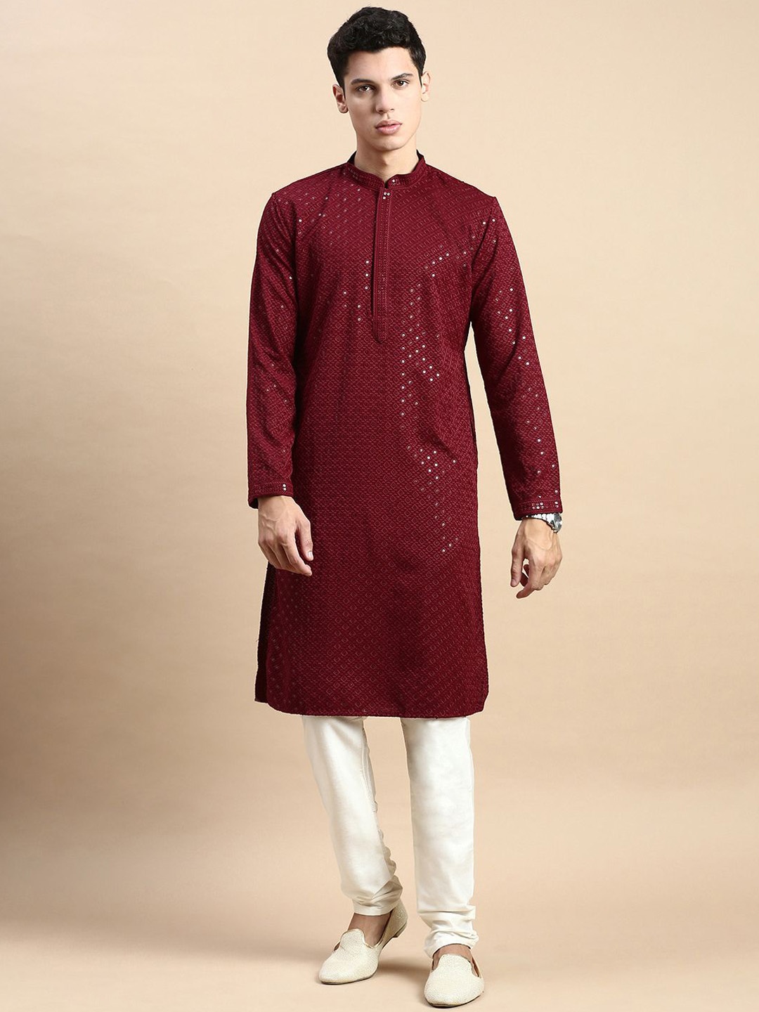 

Rishika Men Floral Embroidered Regular Sequinned Pure Cotton Kurta with Pyjamas, Burgundy