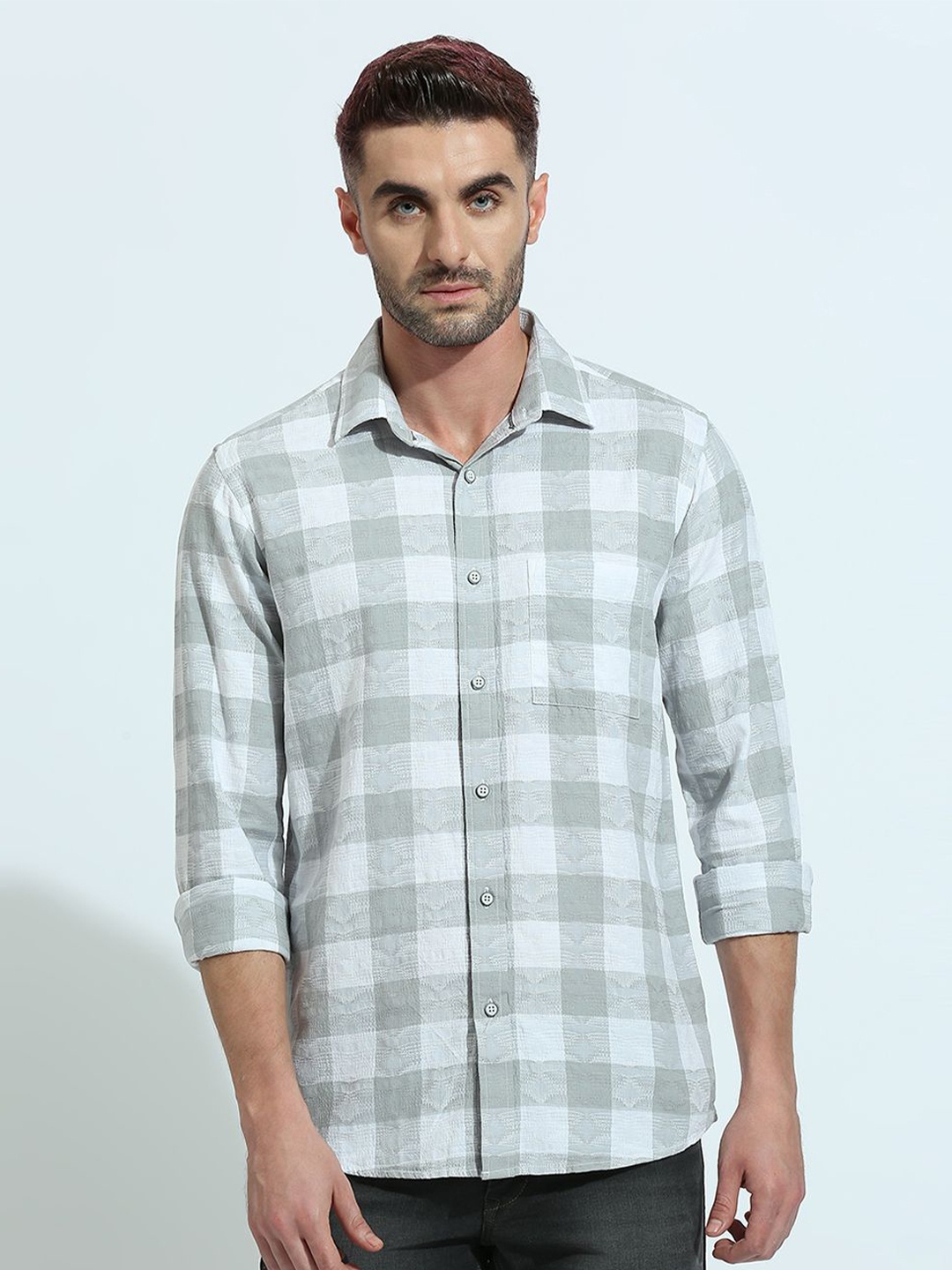 

Klub Fox Men Spread Collar Gingham Checked Cotton Slim Fit Casual Shirt, Grey