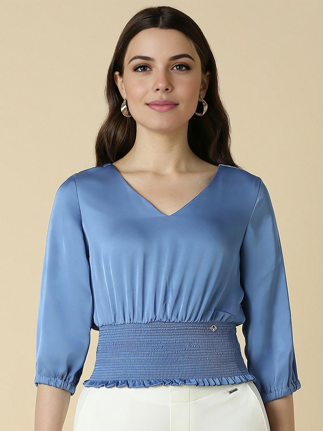 

Allen Solly Woman Women V-Neck Three-Quarter Sleeves Top, Blue