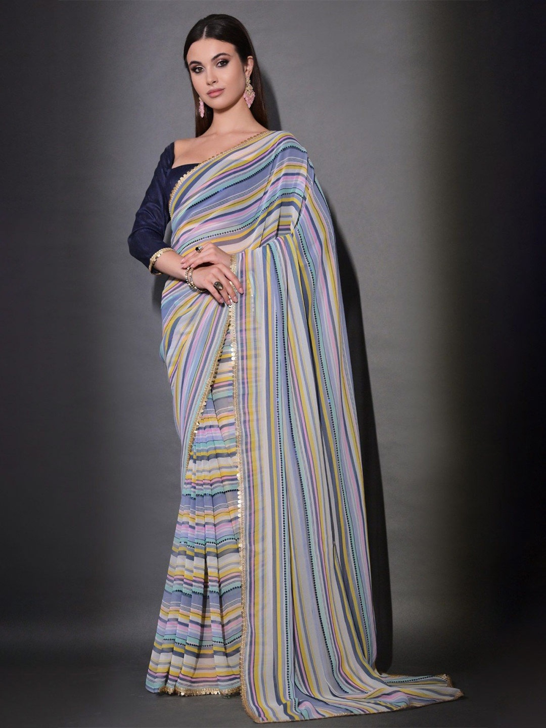 

MySilkLove Embellished Striped Pure Georgette Saree, Blue