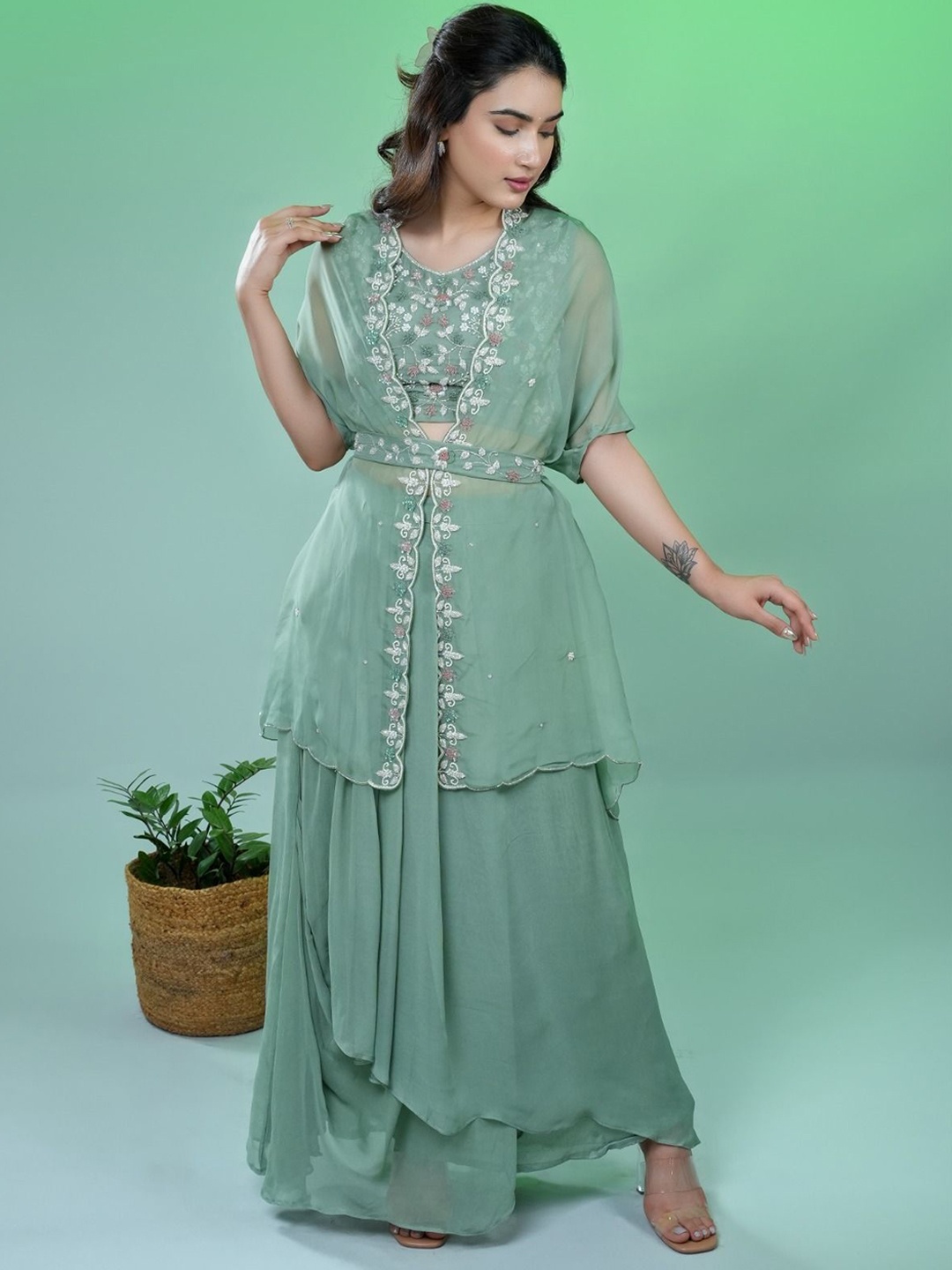 

ALIYANA Top & Cowl Skirt Set With Shrug, Green