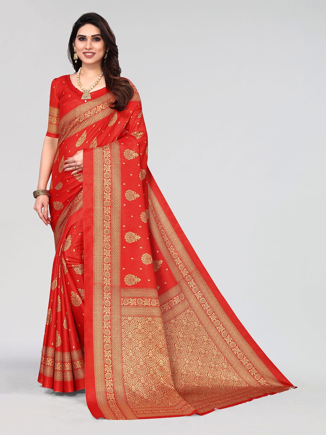 

VIRICA Ethnic Motifs Pure Cotton Khadi Saree, Red