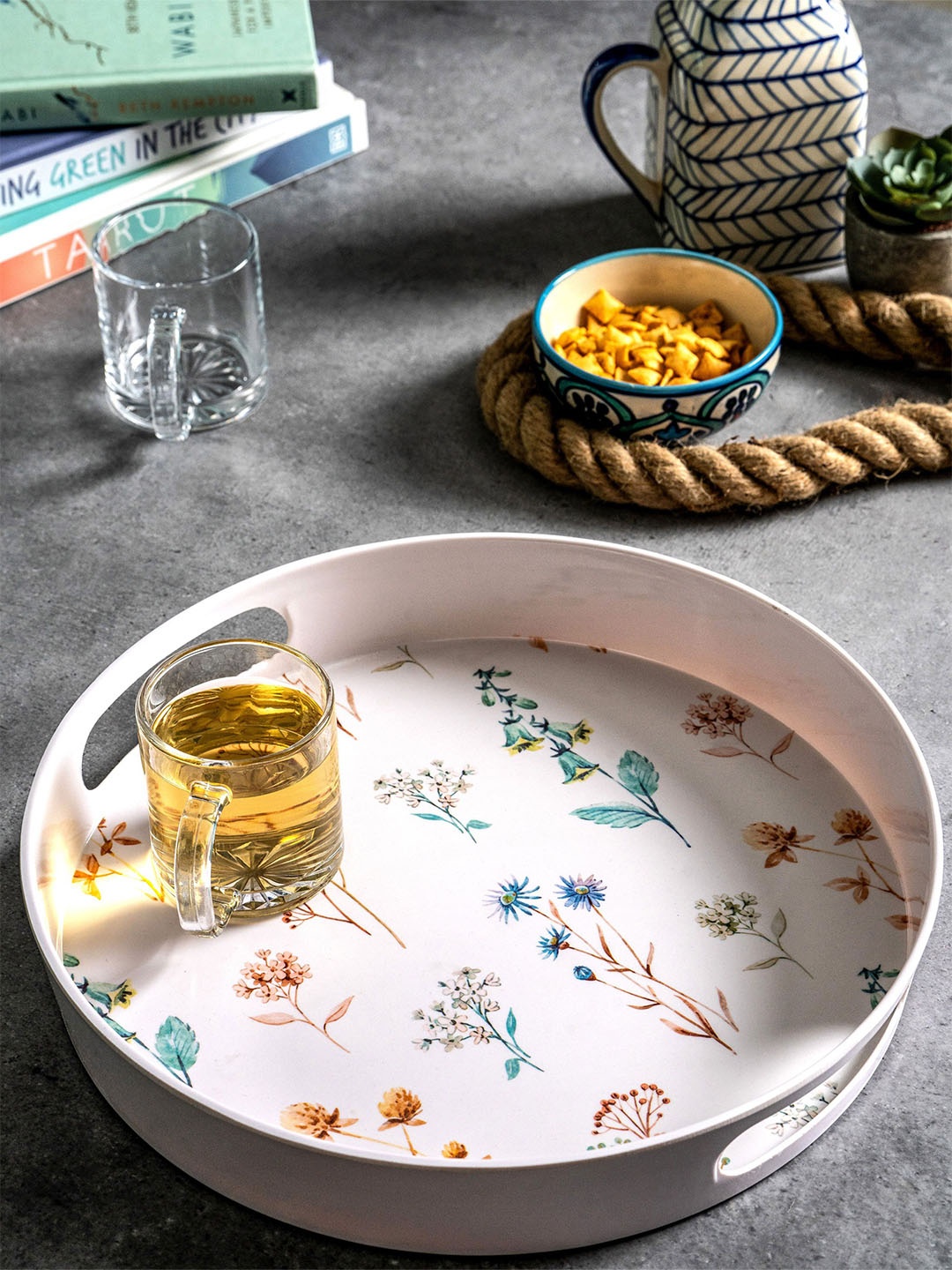 

GOODHOMES White & Green Melamine Round Printed Serving Tray