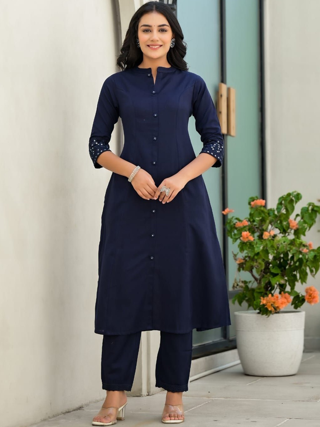 

KALINI Women Panelled Mirror Work Pure Cotton Kurta with Trousers, Navy blue
