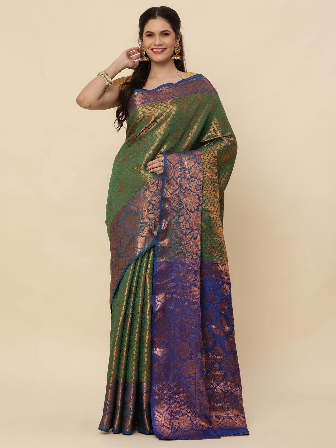 

High Five Tex Woven Design Zari Pure Silk Kanjeevaram Saree, Green