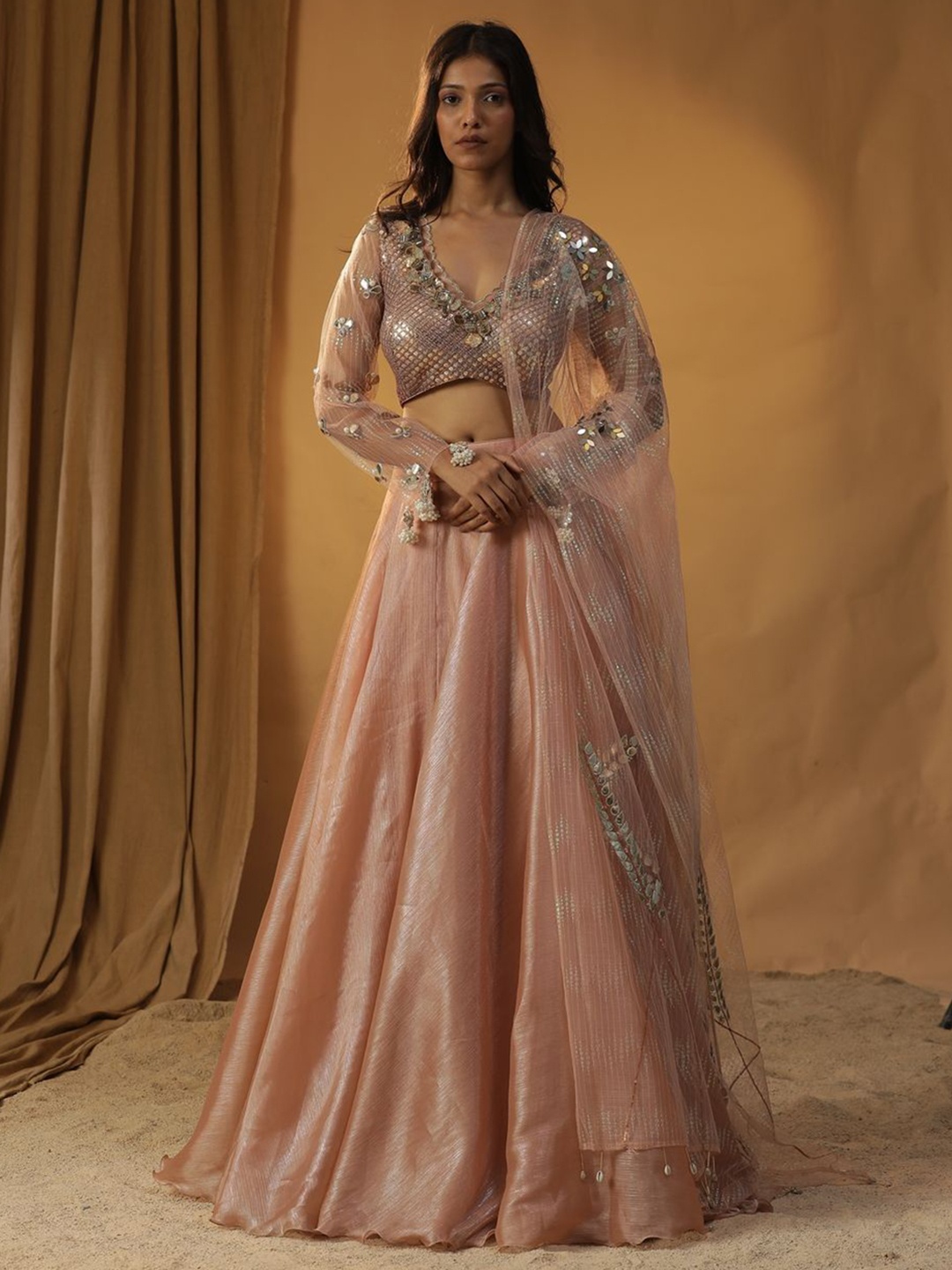 

ARPITA SULAKSHANA Embellished V-Neck Made to Measure Lehenga & Blouse With Dupatta, Peach