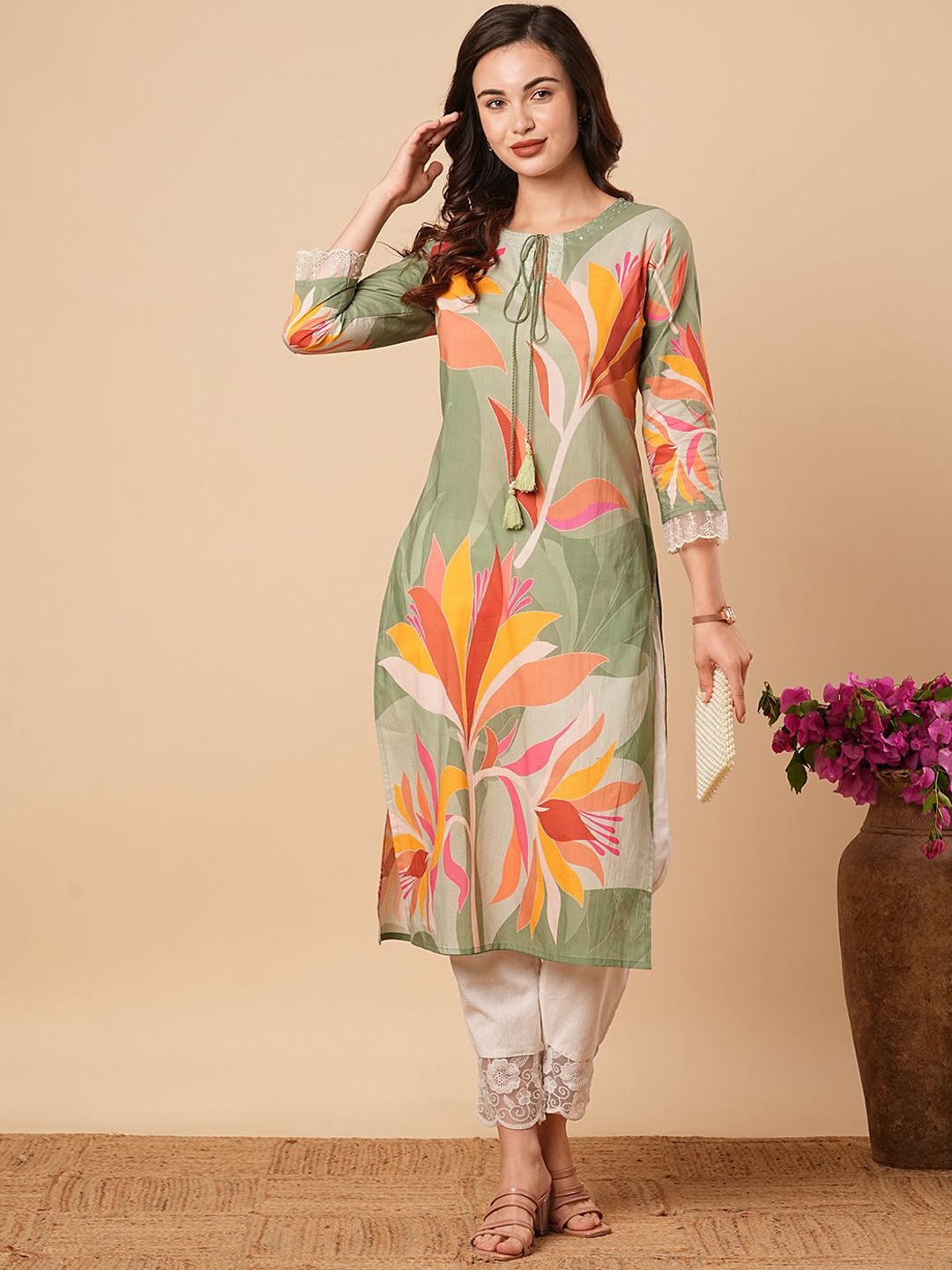 

FASHOR Women Printed Sequinned Kurta, Green