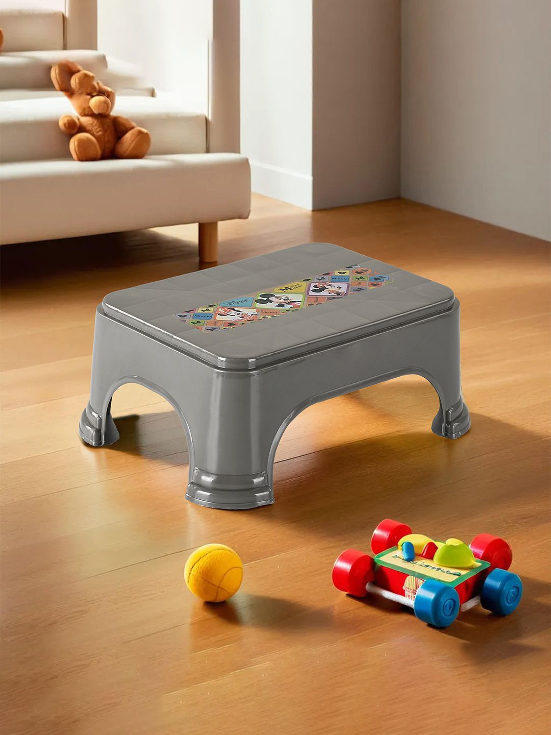 

Kuber Industries Grey & Red Printed Square Shape Stool