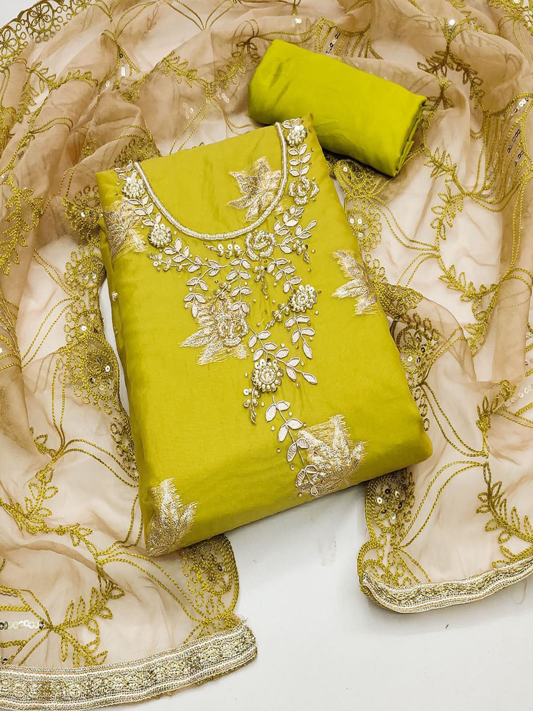 

Lilots Organza Unstitched Dress Material, Yellow