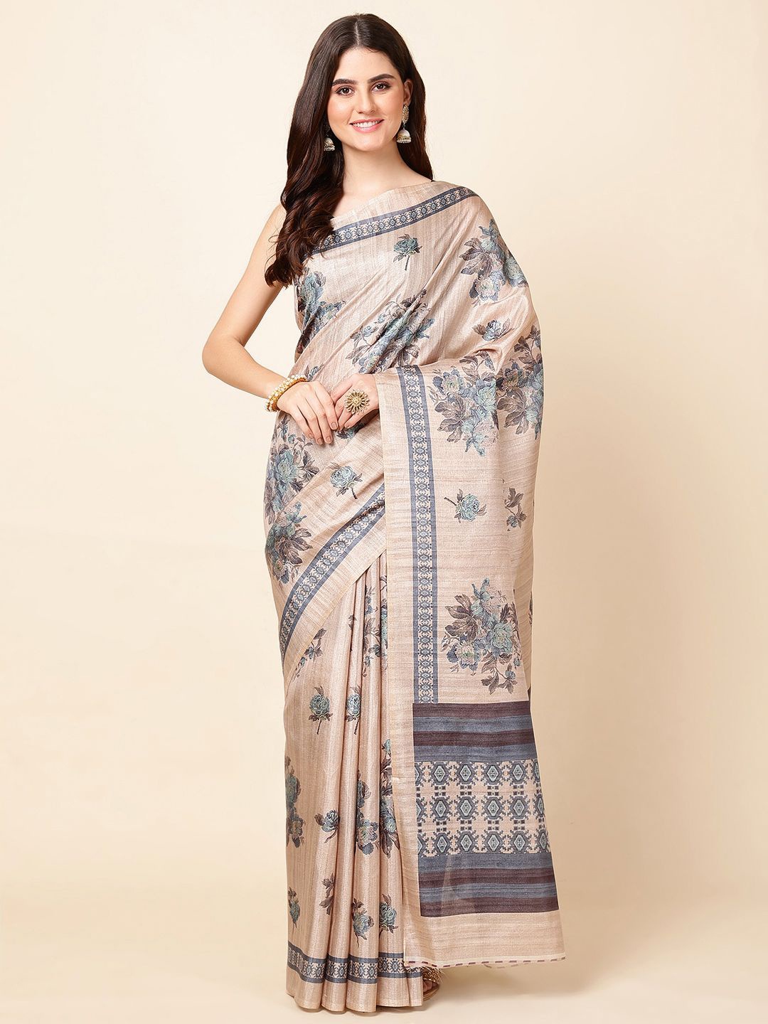 

Meena Bazaar Floral Tussar Saree With Blouse Piece, Beige