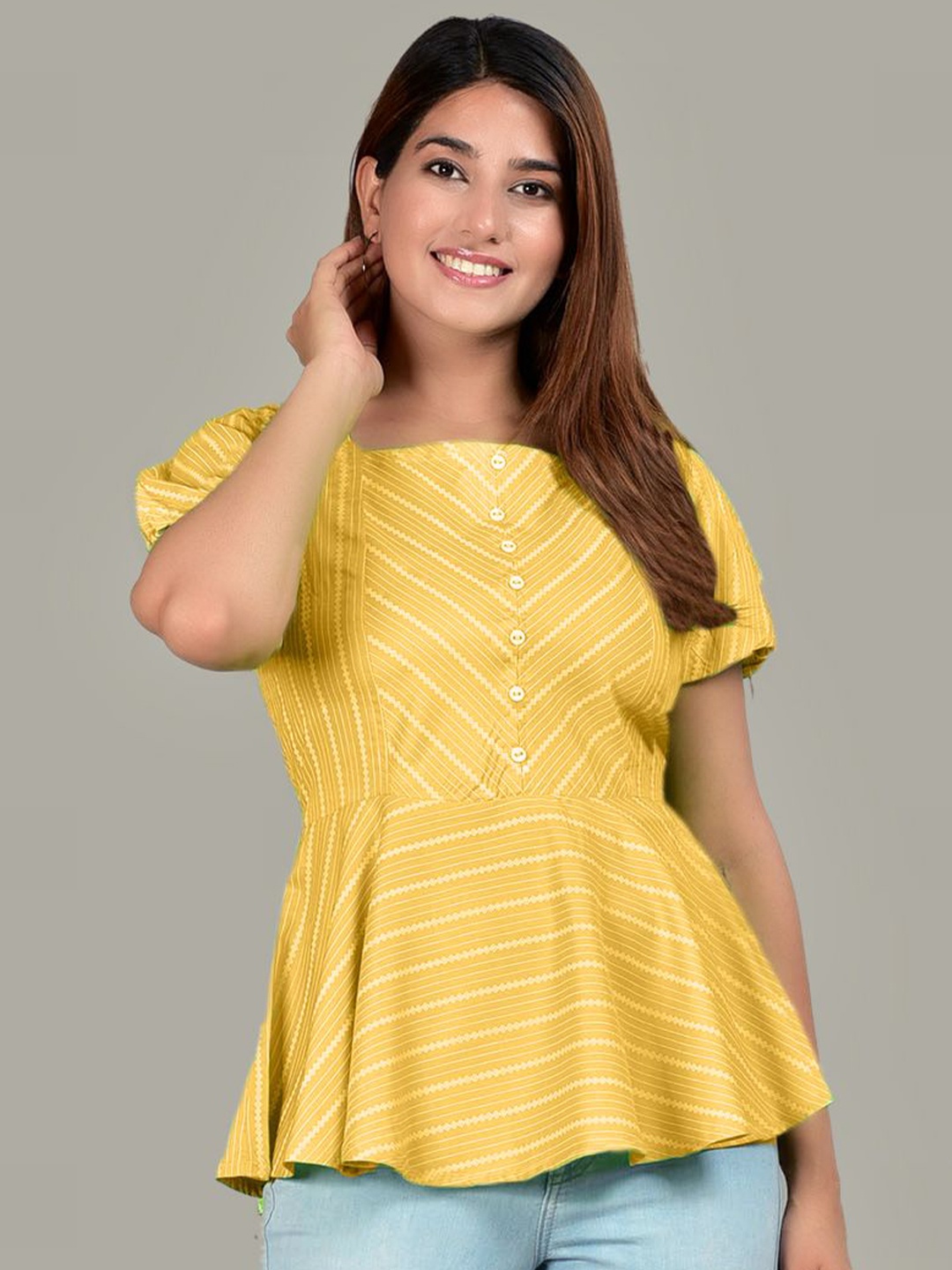 

KALINI Women Striped Square Neck Peplum Top, Mustard