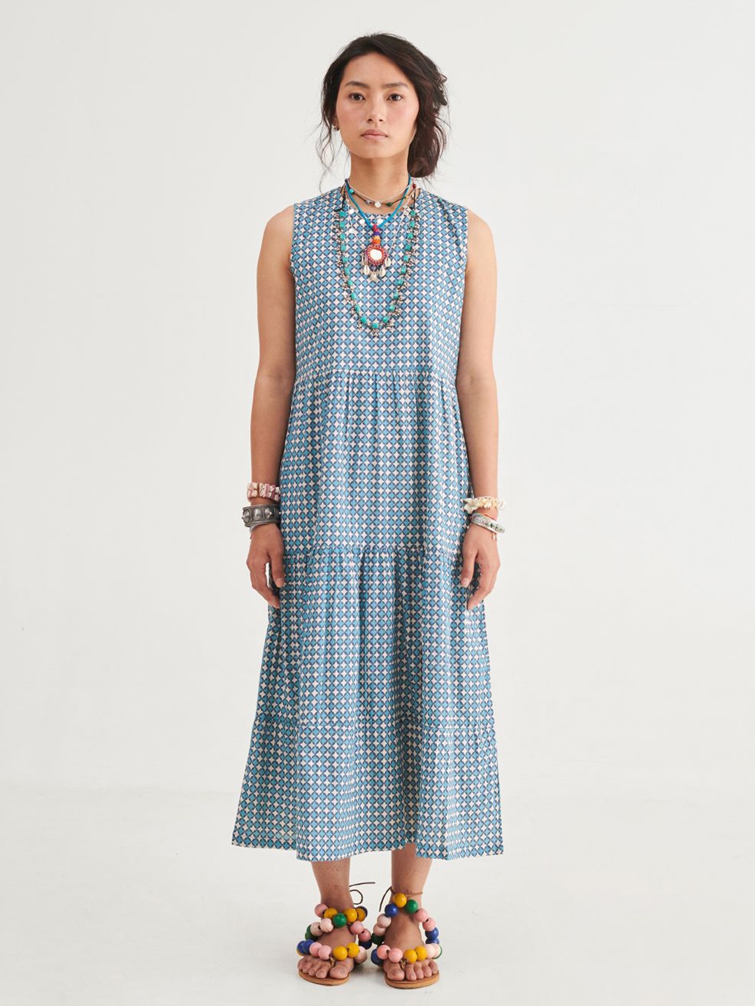 

Prakriti Jaipur Ethnic Motifs Print Tie-Up Neck A-Line Maxi Dress, Blue