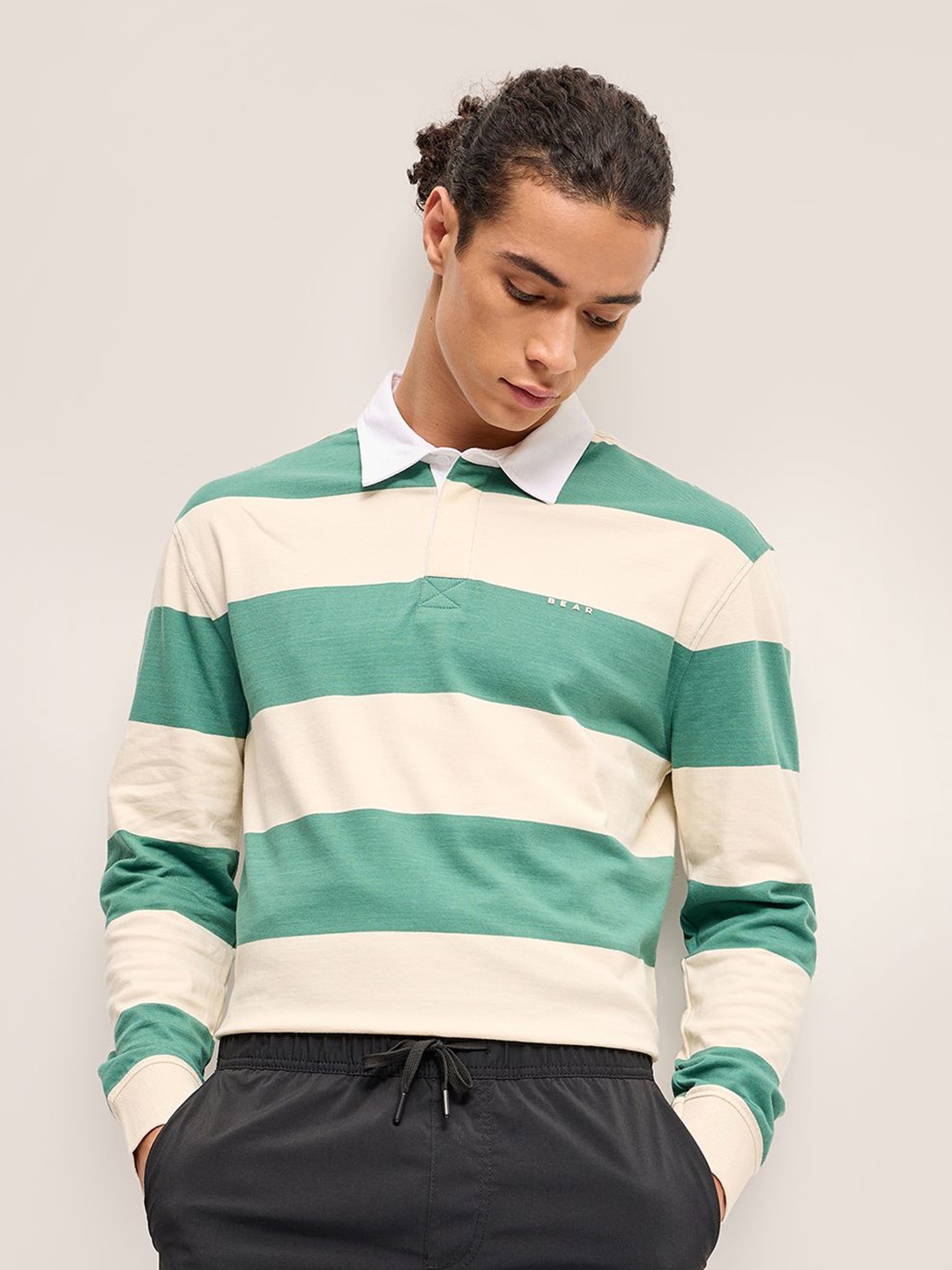 

THE BEAR HOUSE Men Striped Polo Collar Pockets T-shirt, Green