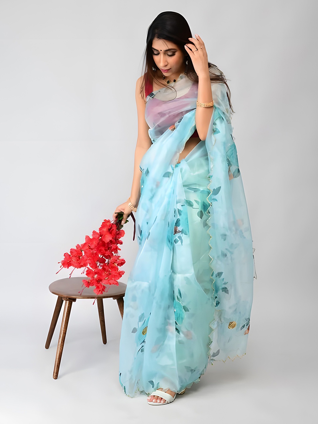 

Anouk Floral Embroidered Saree with Blouse, Blue