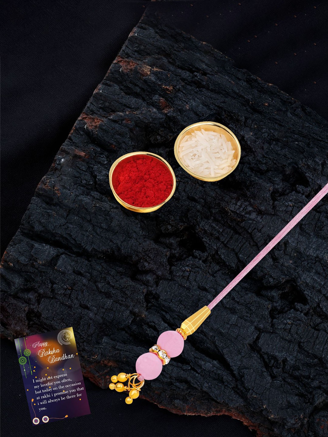 

Silver Shine Set Of 2 Rakhi With Roli Chawal Greeting Card & Pooja Thali, Multi