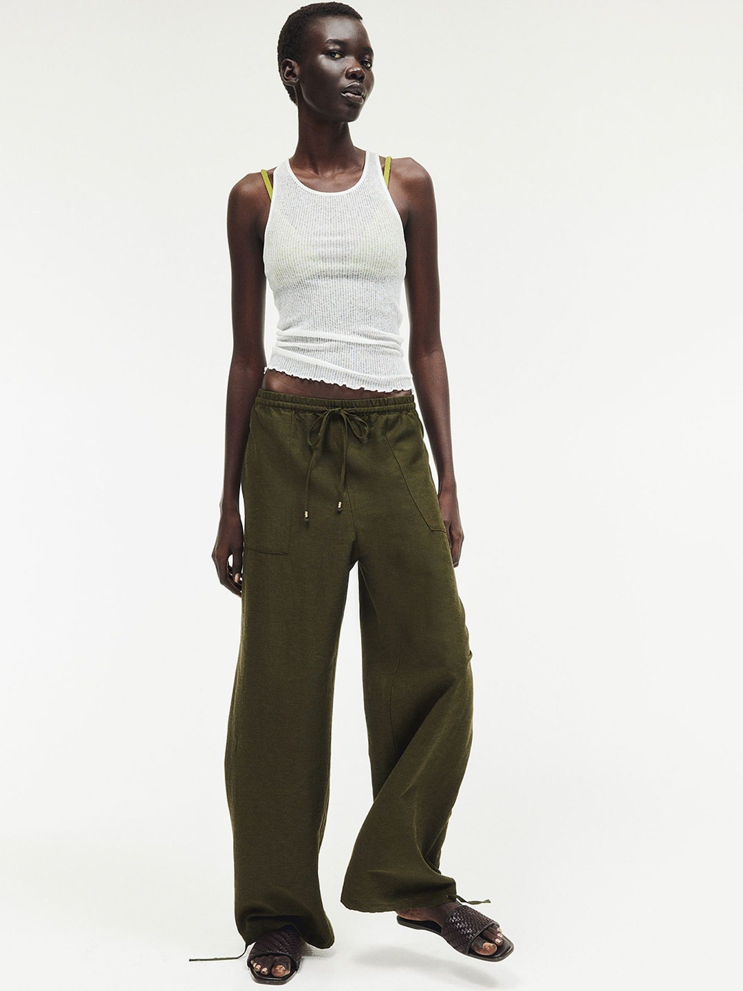 

H&M Linen-Blend Pull-On Trousers, Green