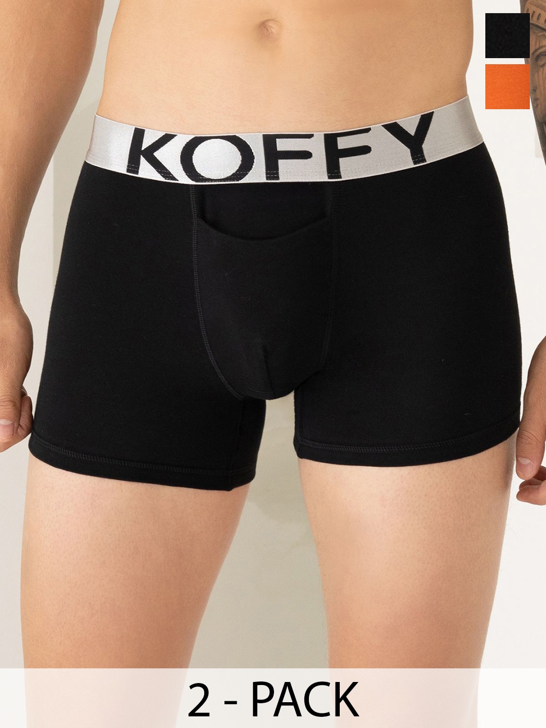 

KOFFY Pack Of 2 Mid Rise Breathablity Trunks KOFFY_KI25_BLK_ORG_2PC, Black