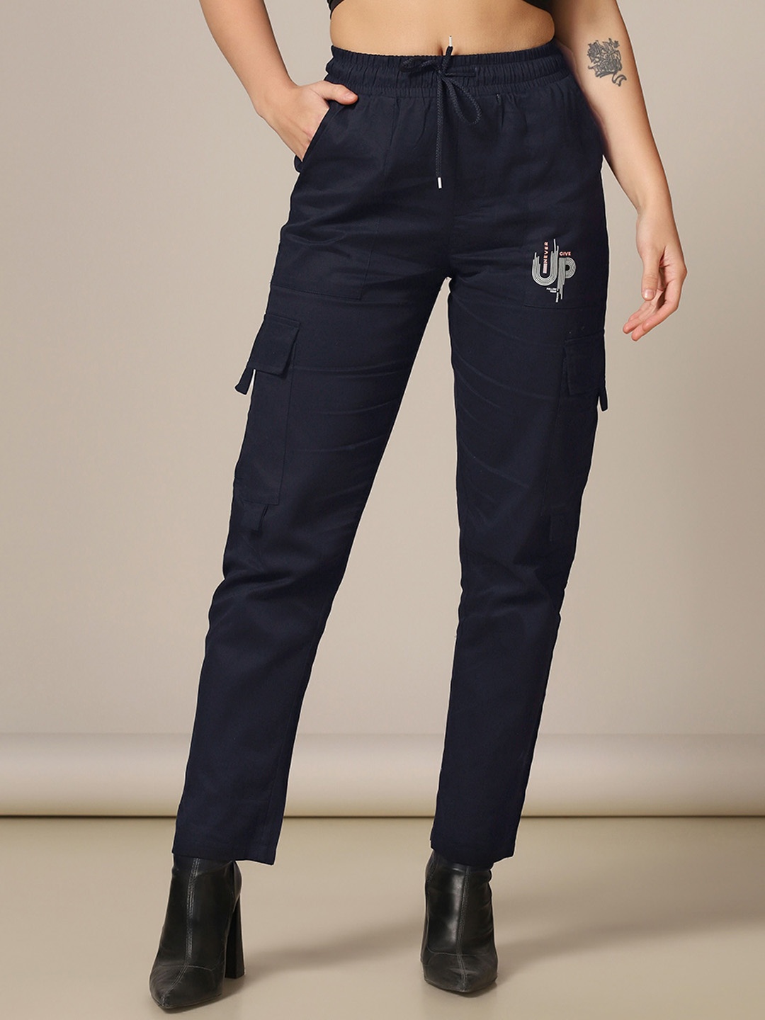

TAGDO Women Slim Fit Mid Rise Cargos Trousers, Navy blue
