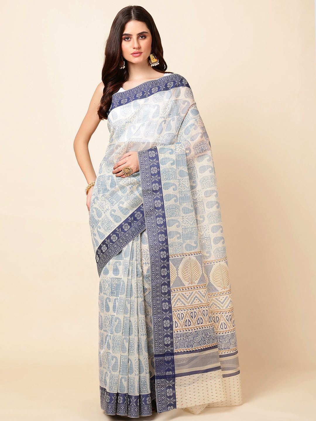 

Meena Bazaar Paisley Woven Design Saree, Beige