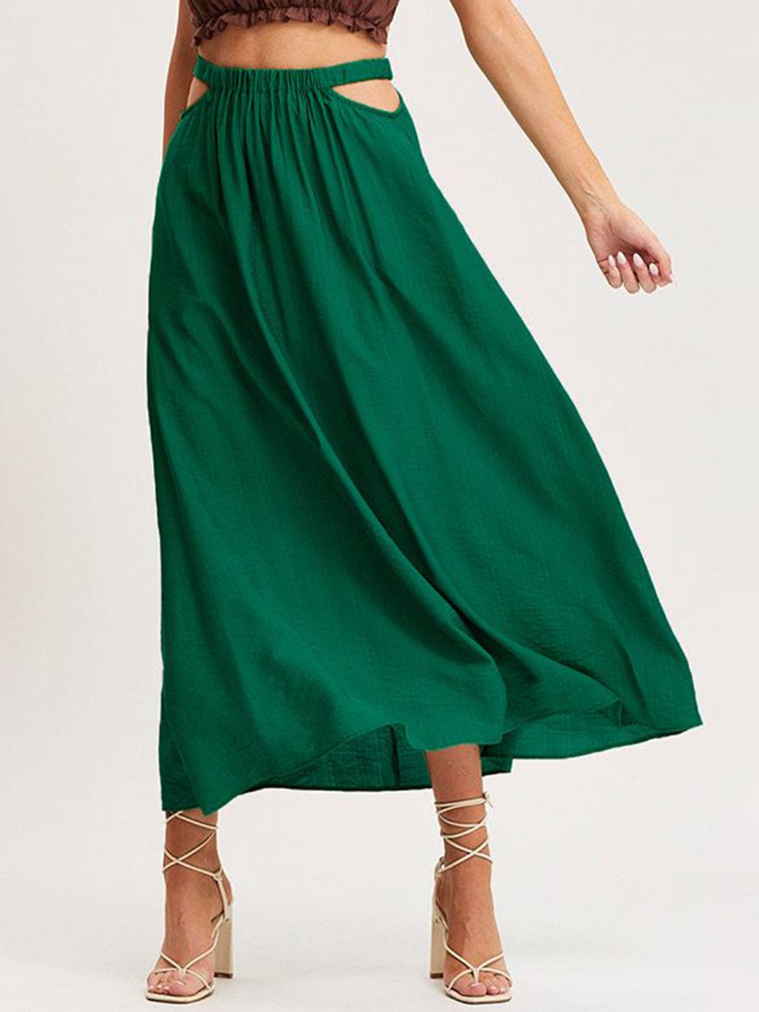 

StyleCast x Revolte Women Solid Flared Midi Skirts, Green