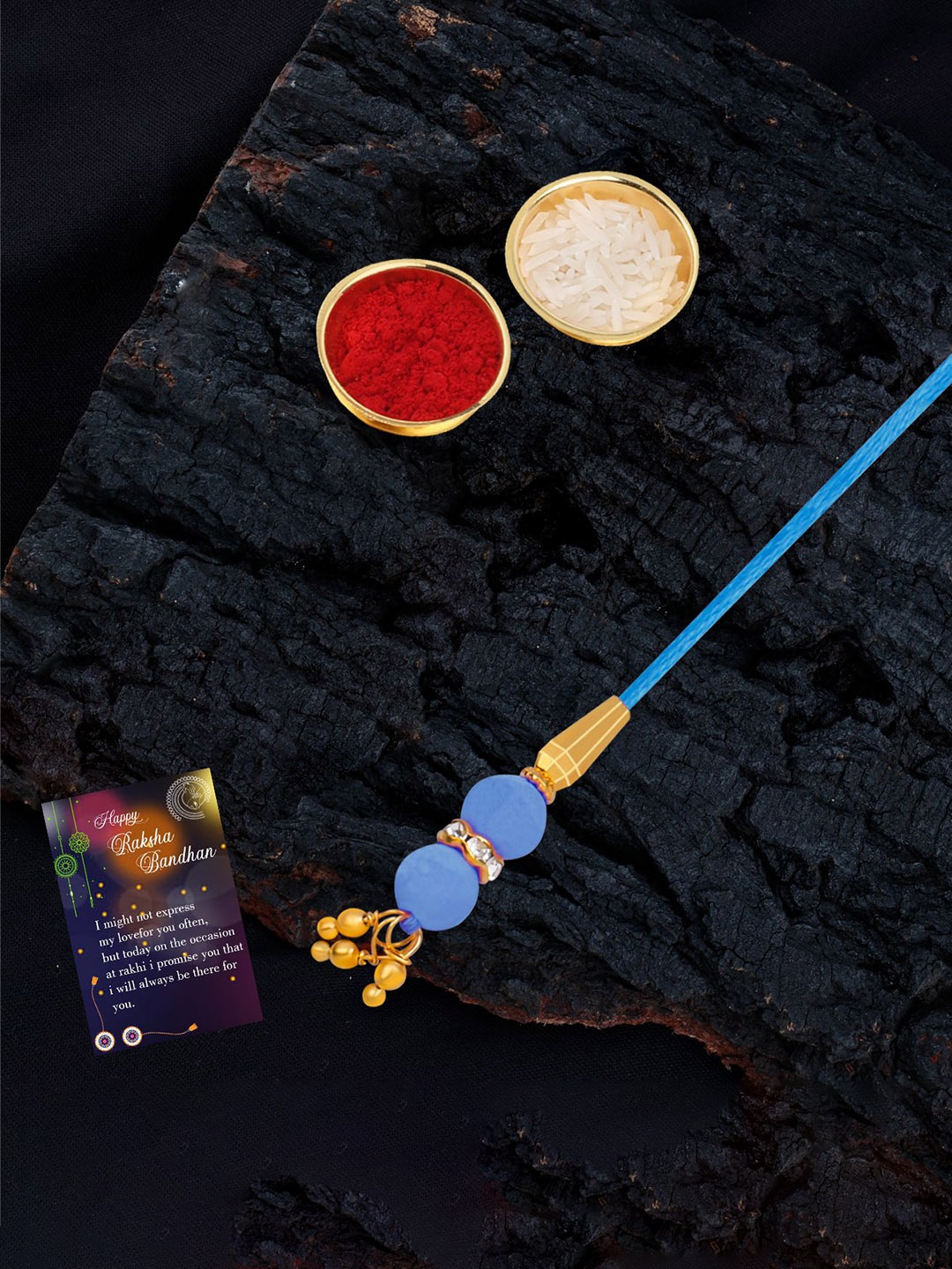 

Silver Shine Set Of 2 Rakhi With Roli Chawal Greeting Card & Pooja Thali, Multi