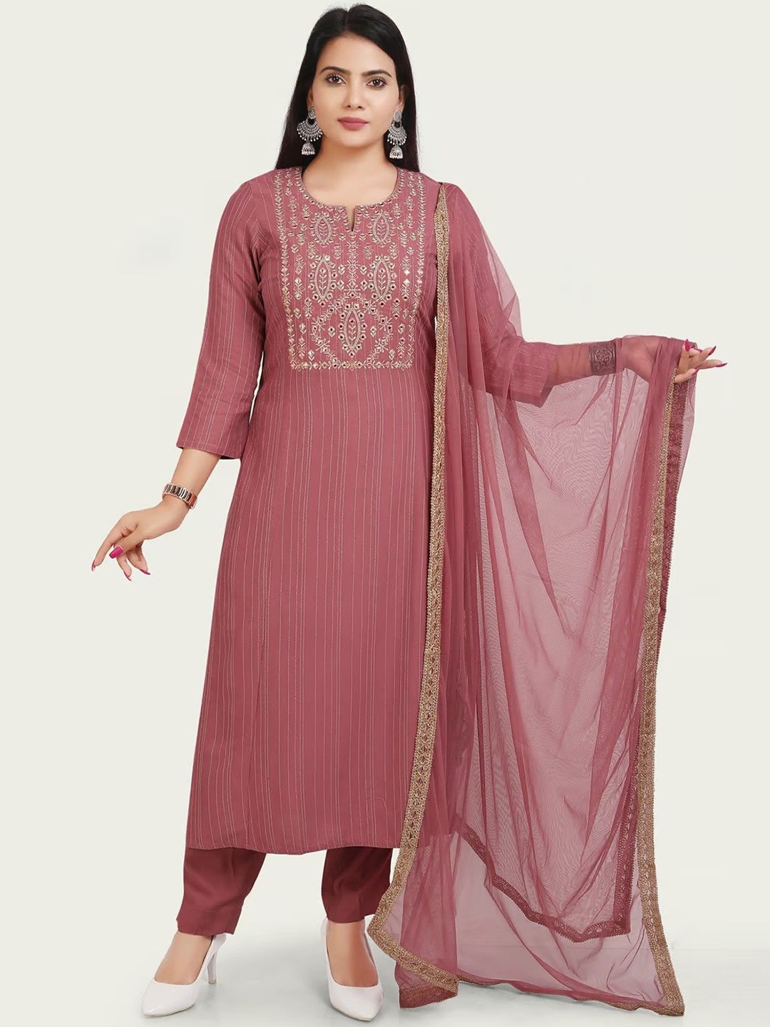 

COTTON CULTURE Women Embroidered Regular Mirror Work Kurta with Trousers & With Dupatta, Peach