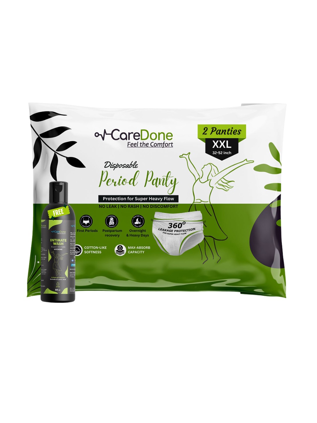 

CareDone Pack of 2 Disposable Cotton Period Panties With Intimate Gel - XXL+50ml, White