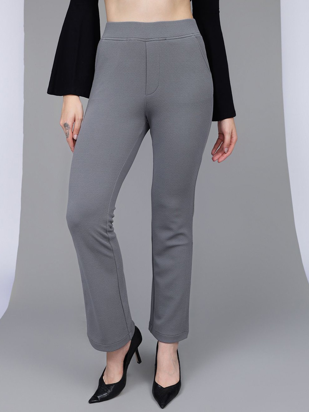 

Xpose Women Comfort Flared High-Rise Trousers, Grey