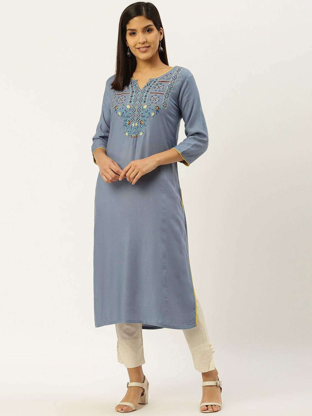 

Anouk Women Floral Embroidered Regular Thread Work Pure Cotton Kurta with Trousers, Blue