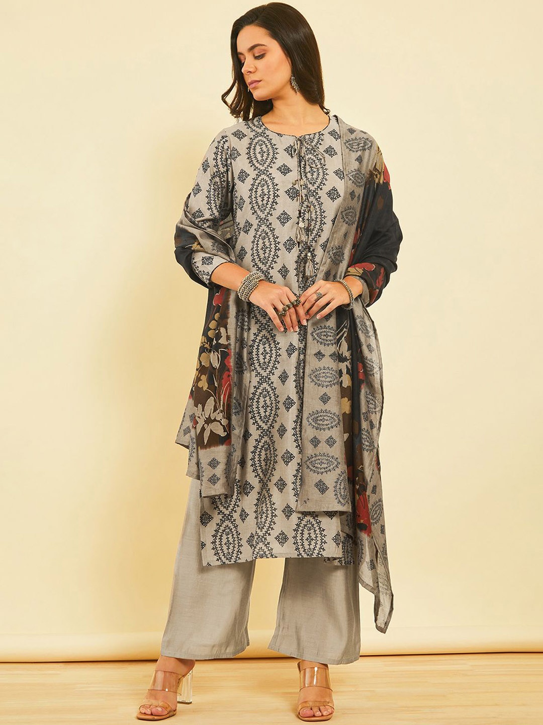 

Soch Women Printed Regular Kurta with Palazzos & With Dupatta, Grey