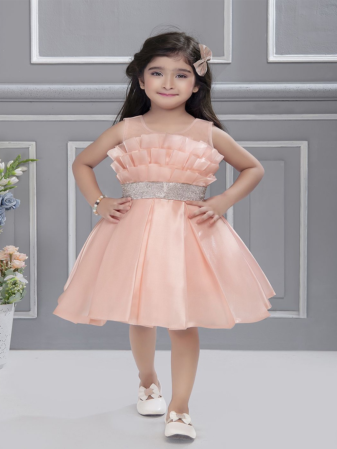 

Ministitch Girls Fit & Flare Dress, Peach