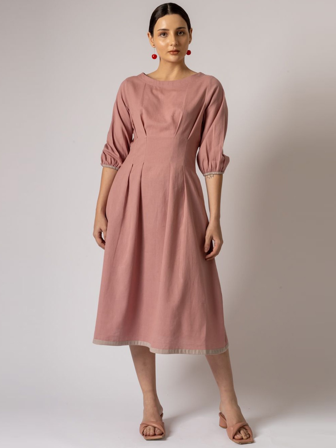 

Doodlage Puff Sleeve A-Line Midi Dress, Pink