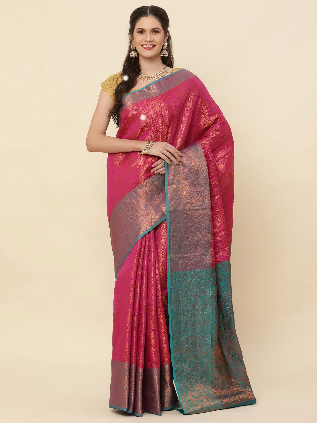 

High Five Tex Ethnic Motifs Zari Pure Silk Kanjeevaram Saree, Pink