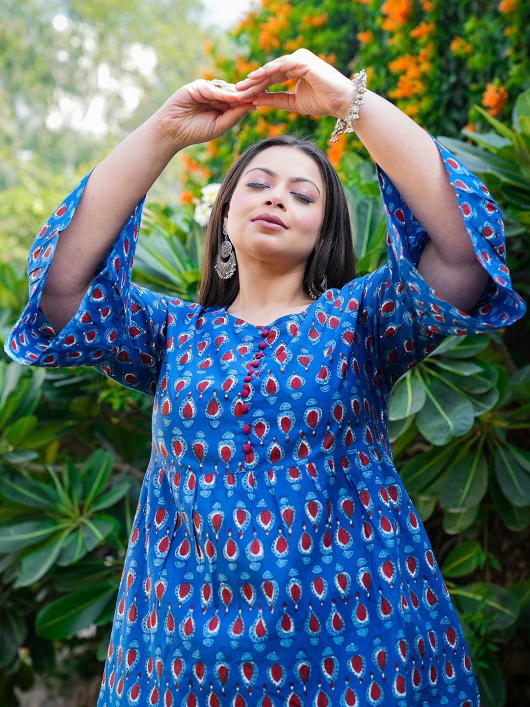 

KALINI Women Cotton Abstract Printed Bell Sleeves Top, Blue