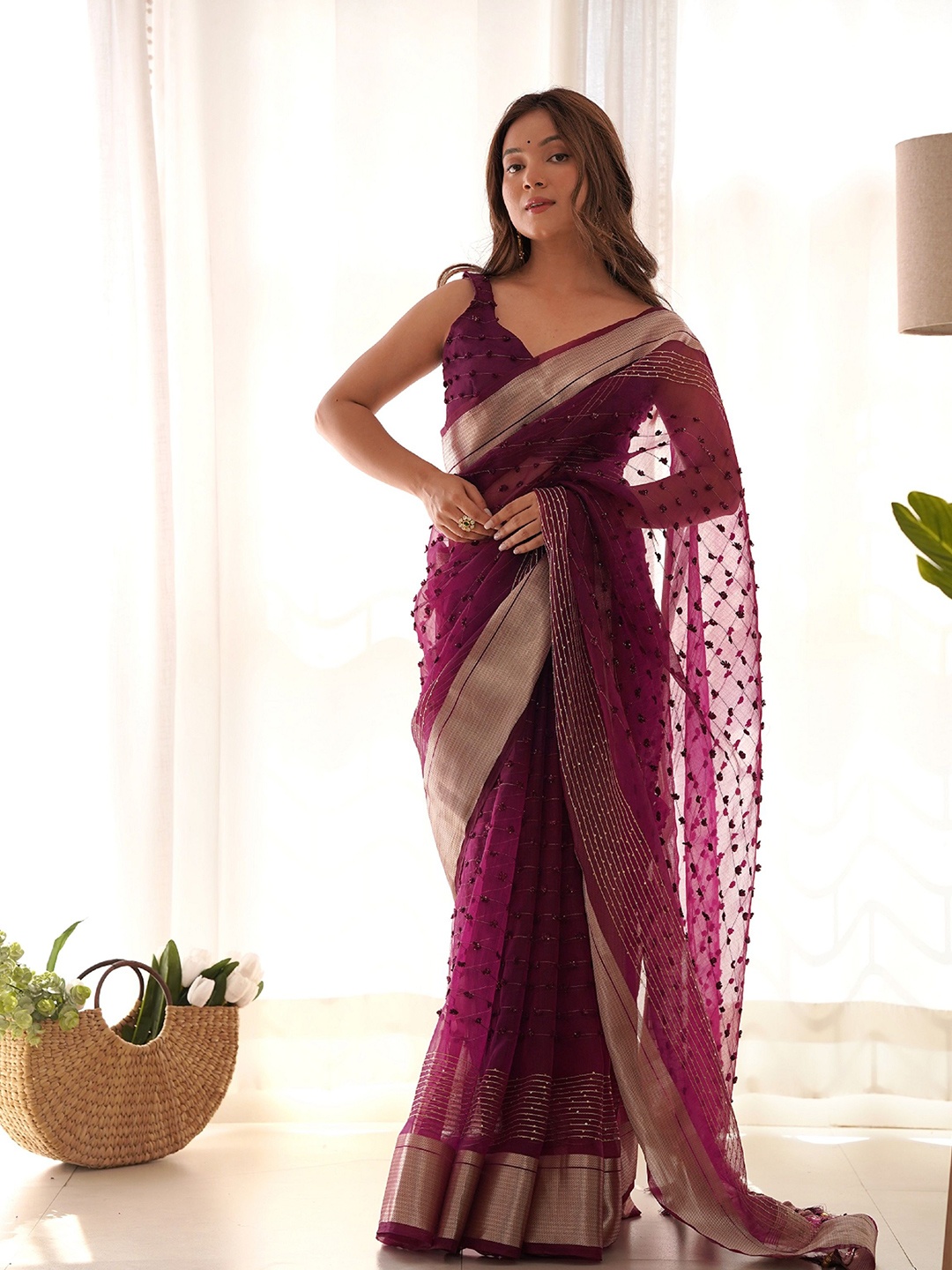 

KALINI Embellished Zari Organza Saree, Magenta