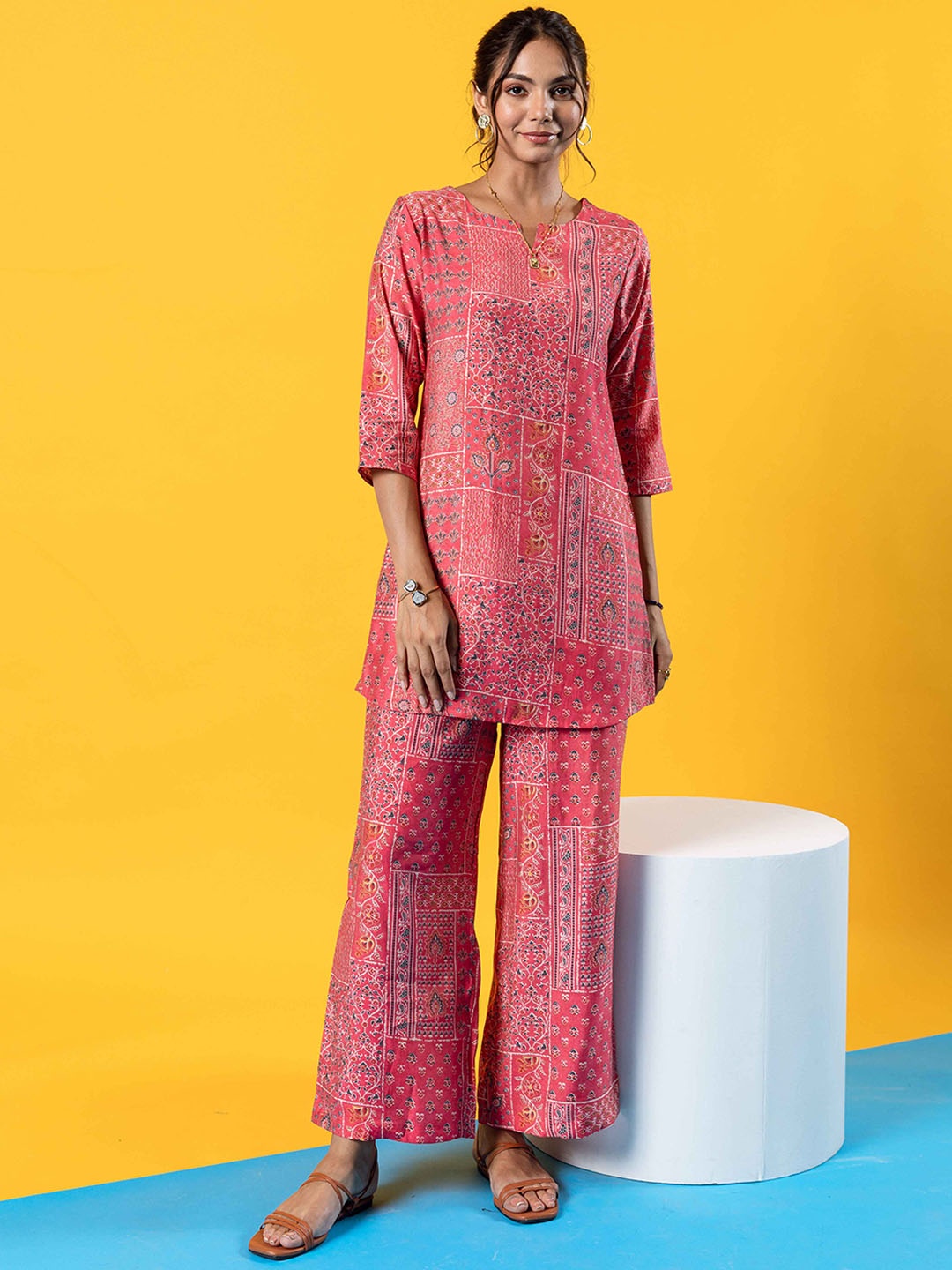 

HUKUM Printed Three Quarter Sleeve Tunic & Trouser Co-Ords, Pink