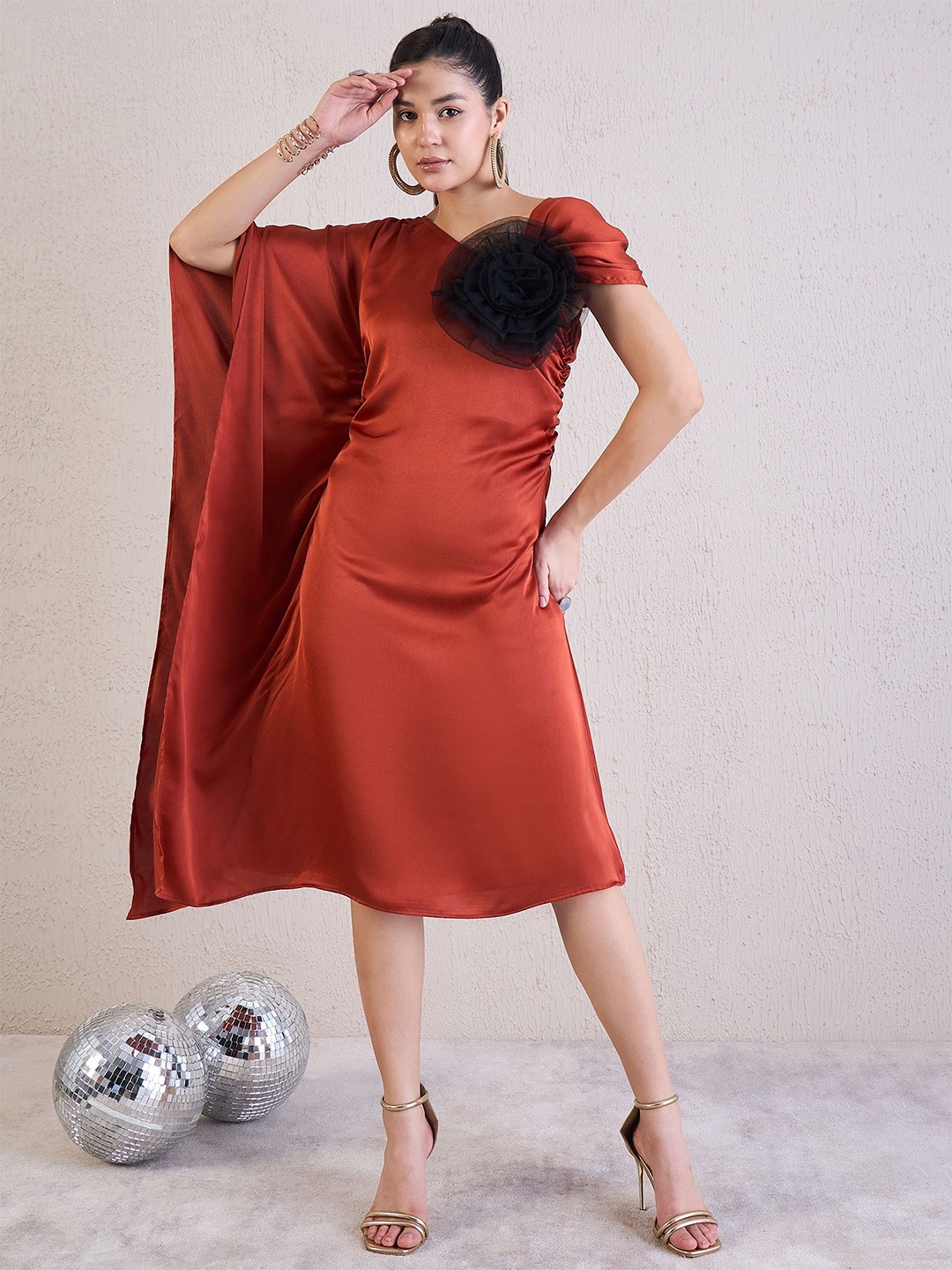 

Antheaa One Shoulder Satin Kaftan Dress, Rust