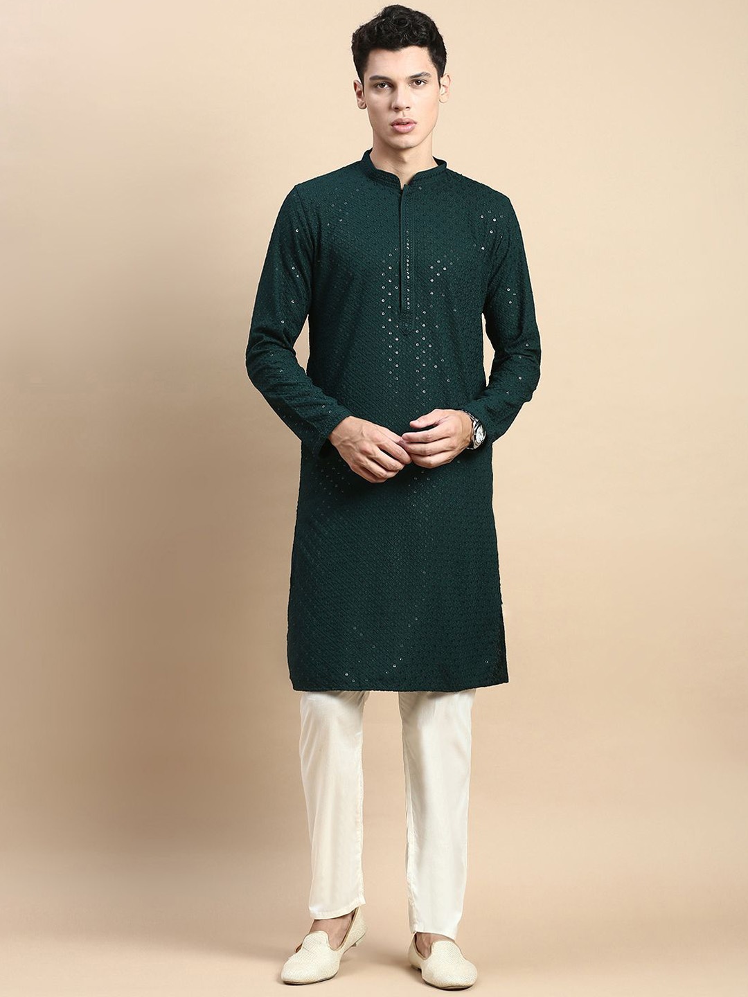 

Rishika Men Ethnic Motifs Embroidered Regular Sequinned Pure Cotton Kurta with Pyjamas, Green