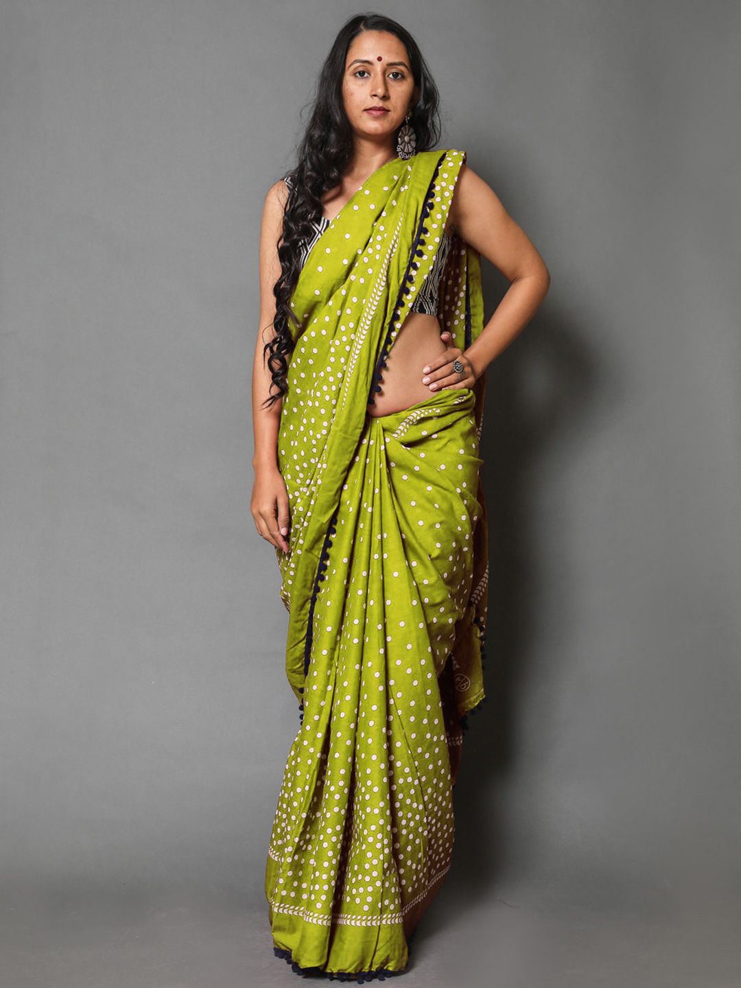 

BUTA BUTI Polka Dot Pure Cotton Saree, Green