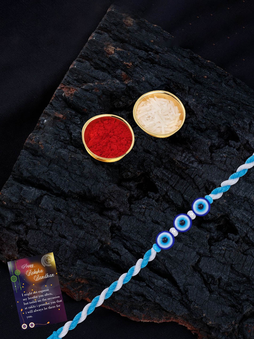 

Silver Shine Set Of 2 Rakhi With Roli Chawal Greeting Card & Pooja Thali, Multi