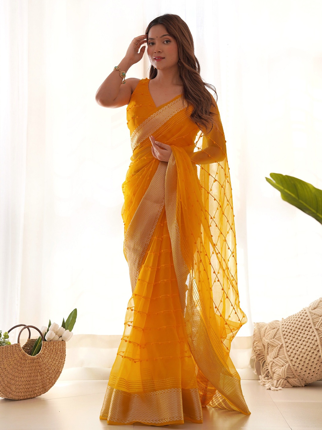 

KALINI Zari Woven Embroidered Khadi Saree, Yellow