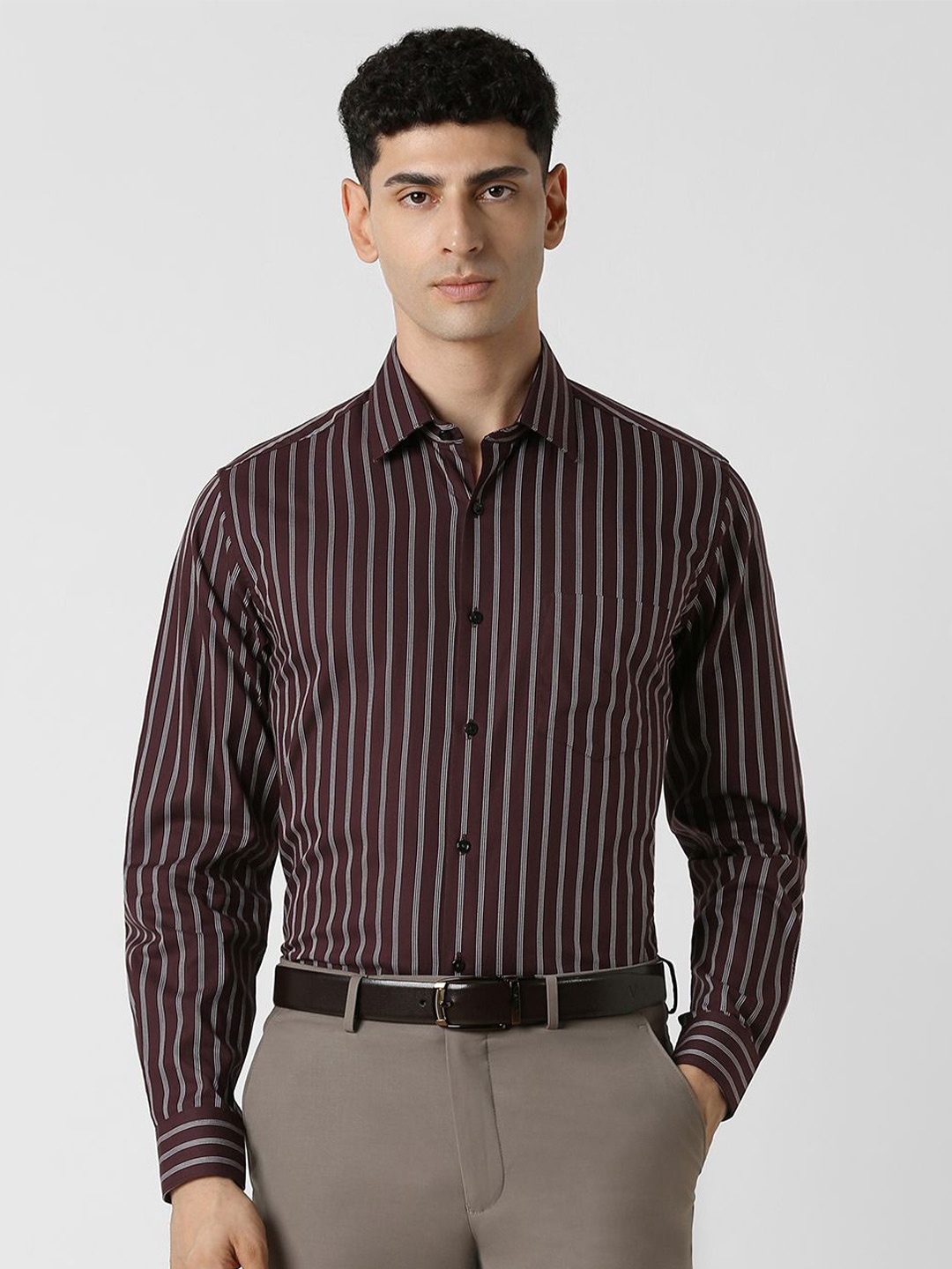 

Van Heusen Men Spread Collar Striped Cotton Party Shirt, Brown