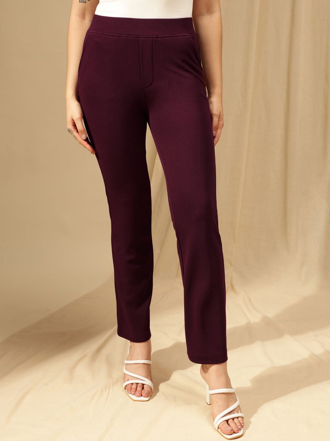 

Xpose Women Comfort Flared High-Rise Trousers, Red