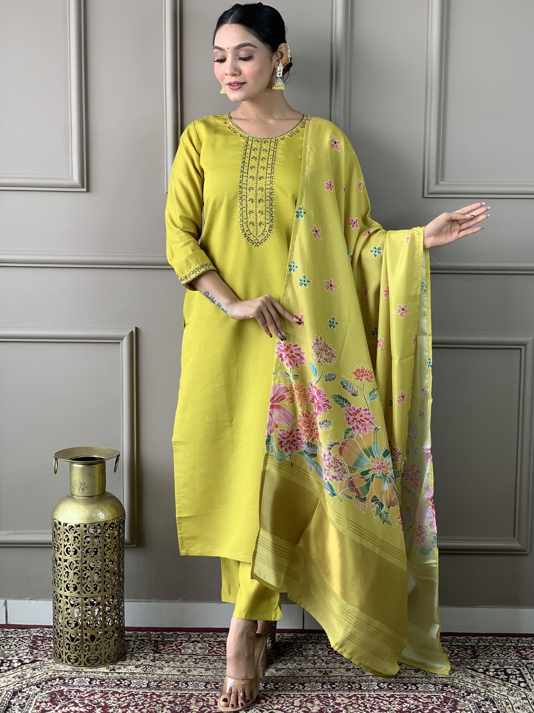 

KALINI Floral Embroidered Chanderi Silk Straight Kurta with Trousers & Dupatta, Yellow