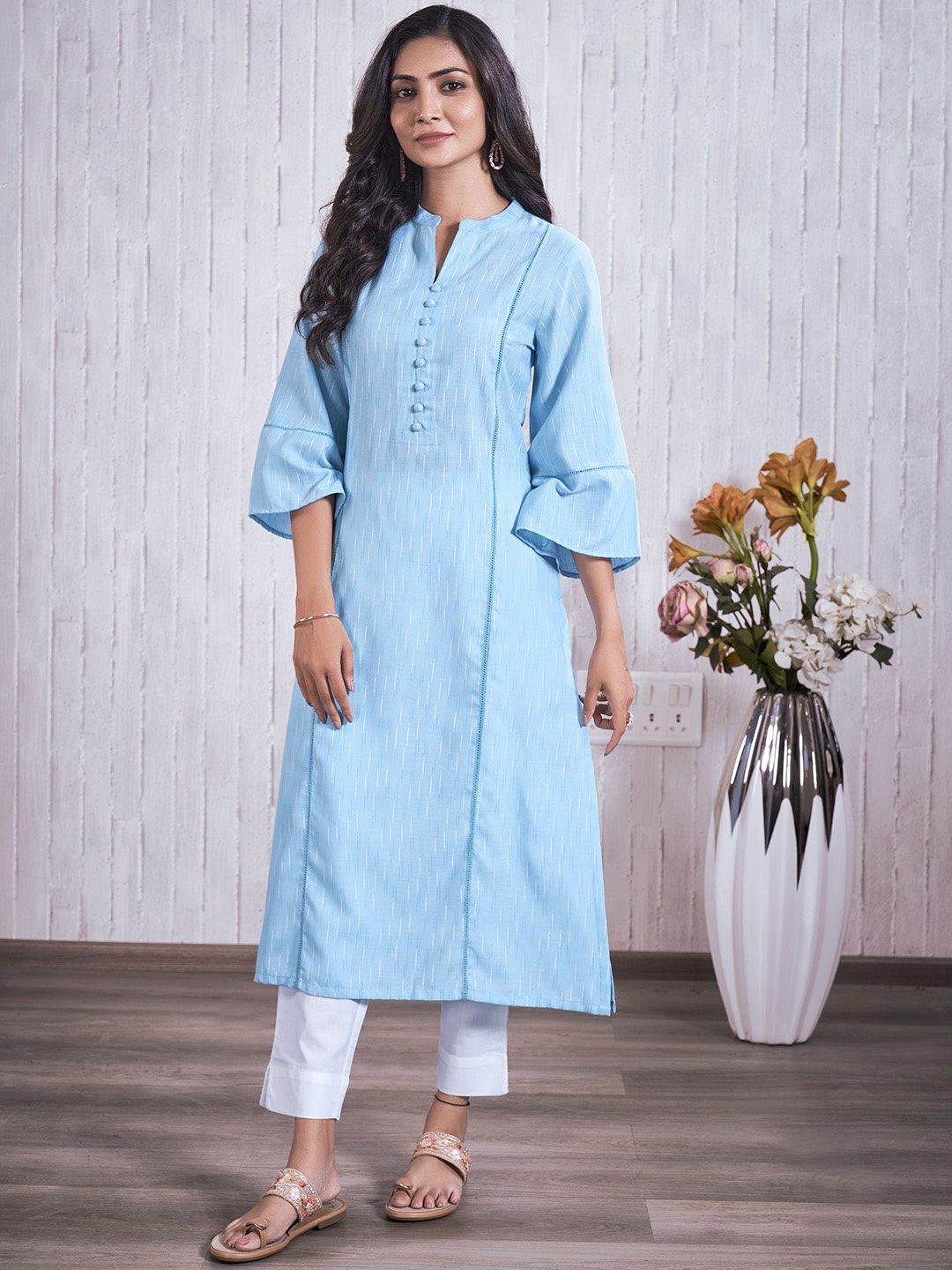 

IWUMAN Striped Mandarin Collar Straight Kurta, Blue